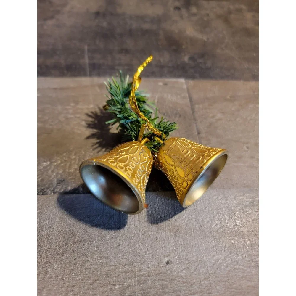 Vintage‎ Plastic Golden bell Mistletoe flower glitter ornament Xmas tree decor